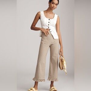 Anthropologie Maeve Colette Brown and Cream Checkered Pants with Ruffle size 26
